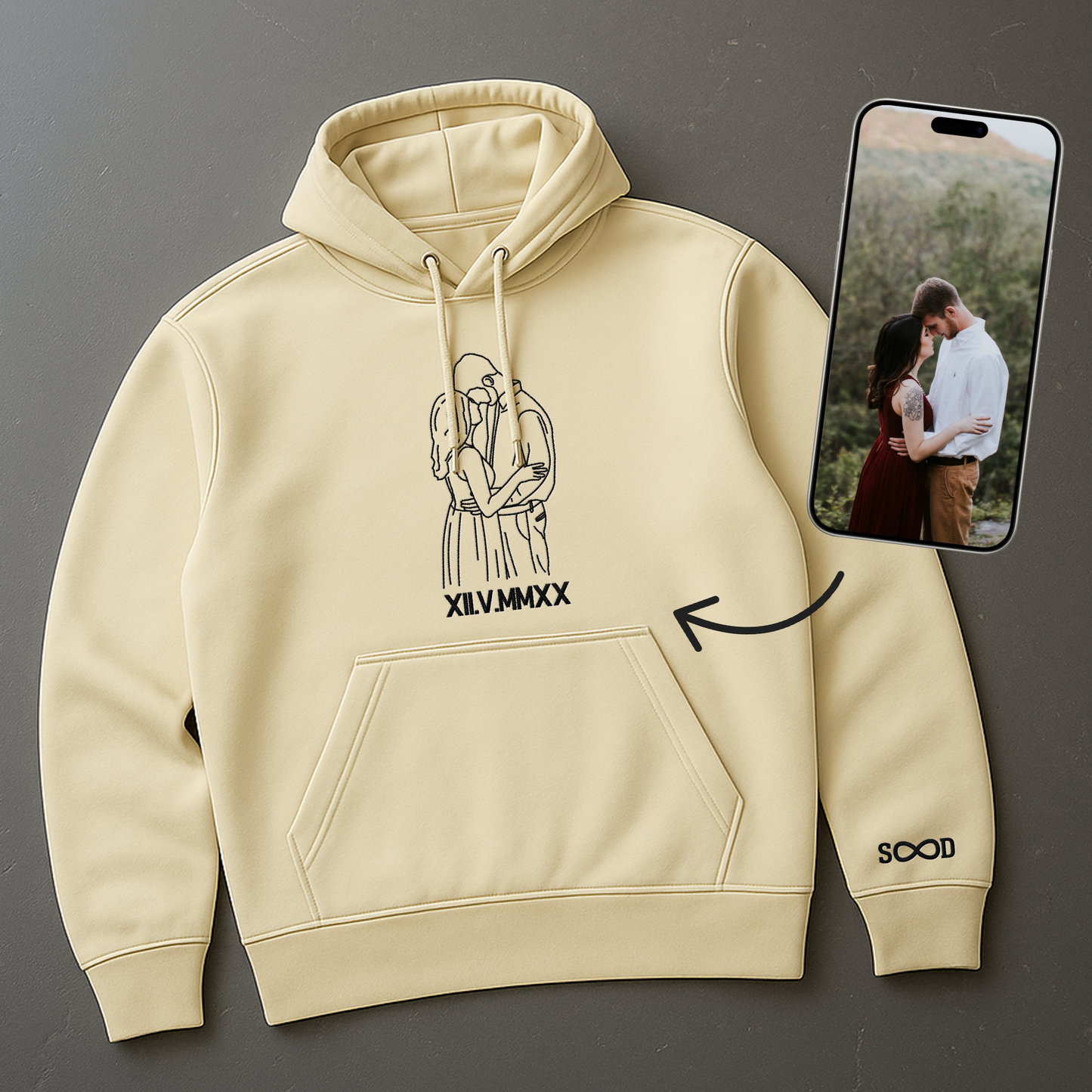 Personalisierter bestickter Hoodie mit Fotostickerei Outline Line Art Foto