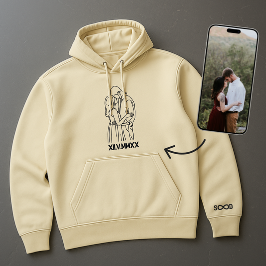 Personalisierter bestickter Hoodie mit Fotostickerei Outline Line Art Foto